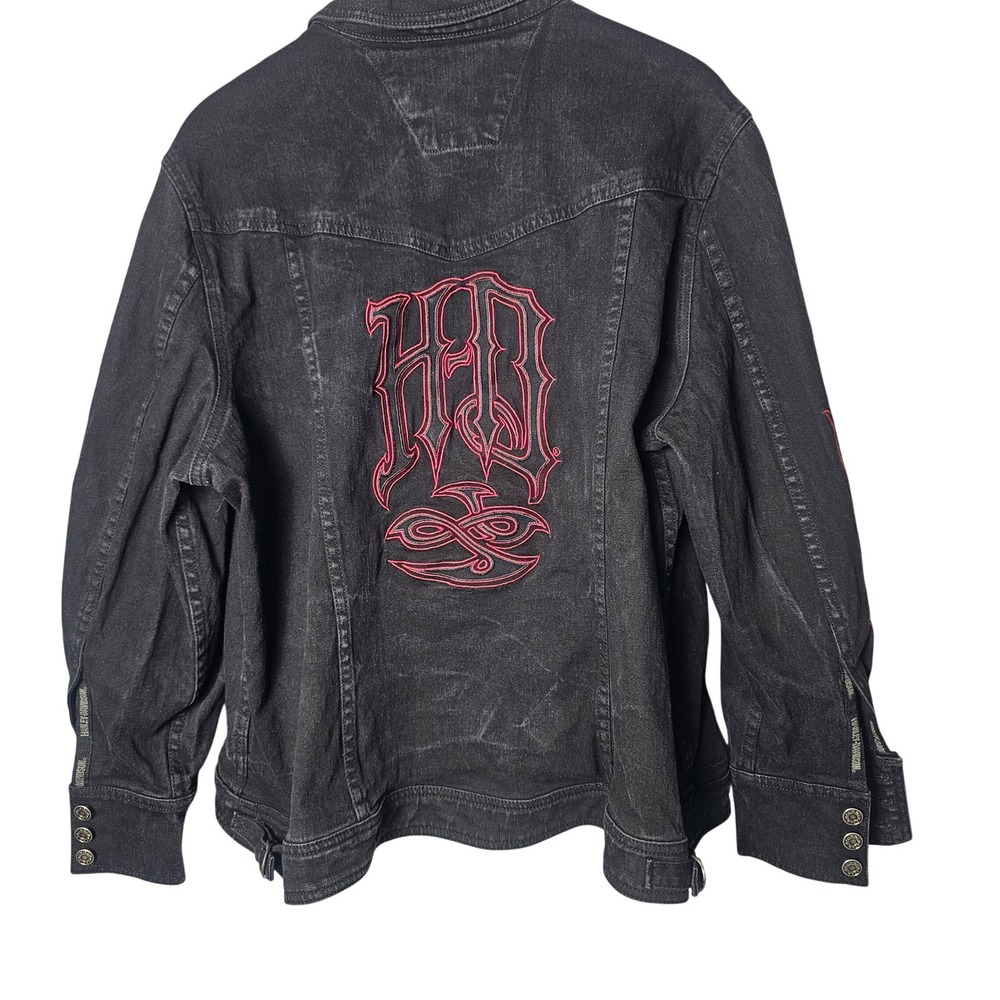 Harley Davidson Women Flame Embroidered Denim Jacket 1W Black Biker Y2K Grunge